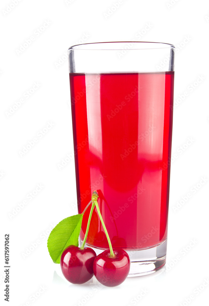 Glass juice and two ripe juicy cherries with green leaf, isolated on white background. Glass juice and two ripe juicy cherries with green leaf, isolated on white background.