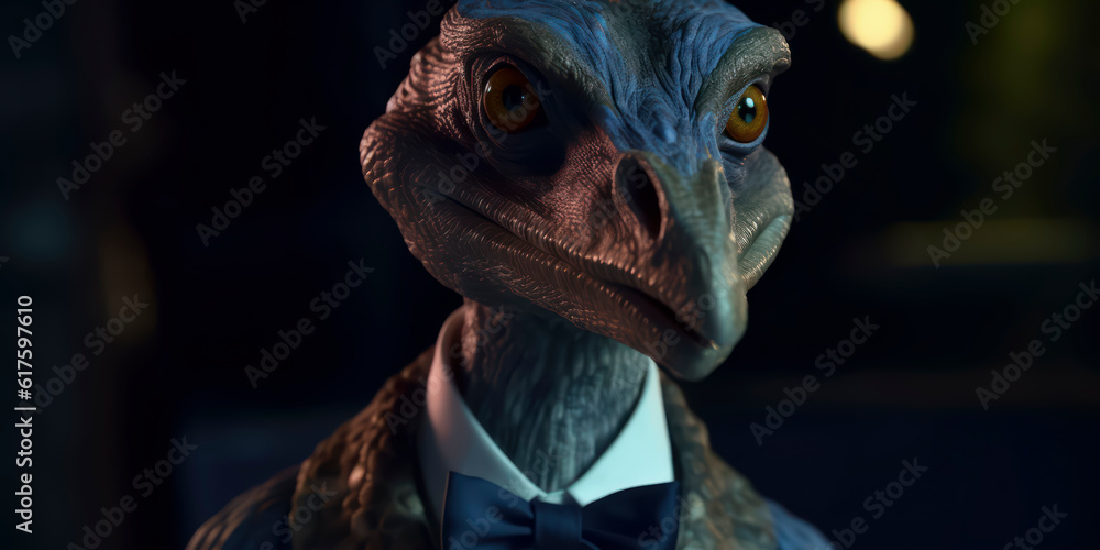 A portrait of a Velociraptor wearing a business suit. AI Generated A portrait of a Velociraptor wearing a business suit. AI Generated