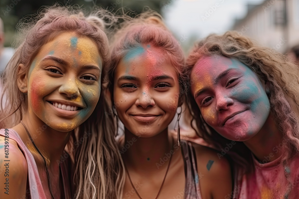Fototapeta premium Multiethnic girls covered in colorful powder celebrating