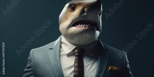 A portrait of a Shark wearing a business suit. AI Generated