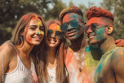 Multiethnic friends celebrating summer Holi festival covered in colorful powder