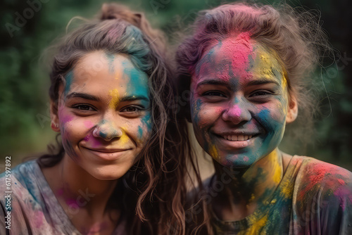 Multiethnic girls covered in colorful powder celebrating