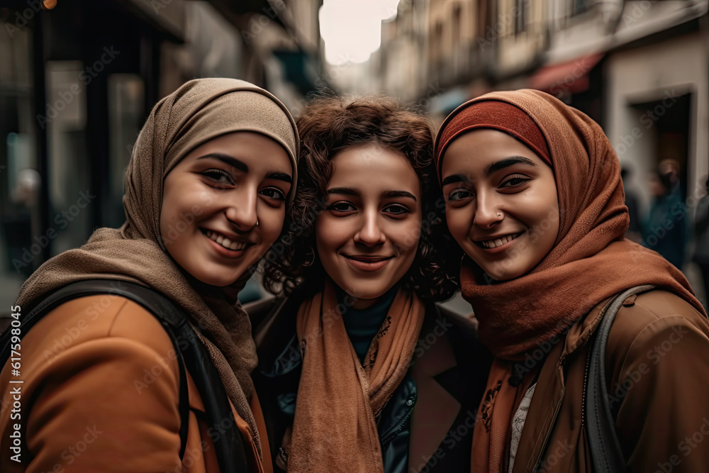 Smiling young women wearing hijabs taking selfie in city Smiling young women wearing hijabs taking selfie in city