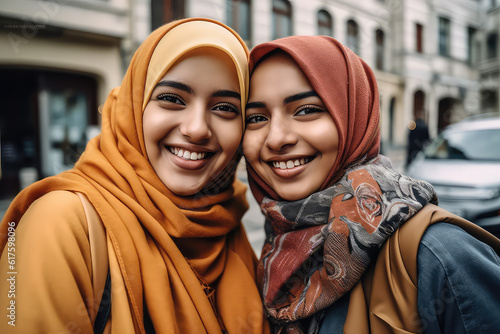 Smiling young women wearing hijabs taking selfie in city