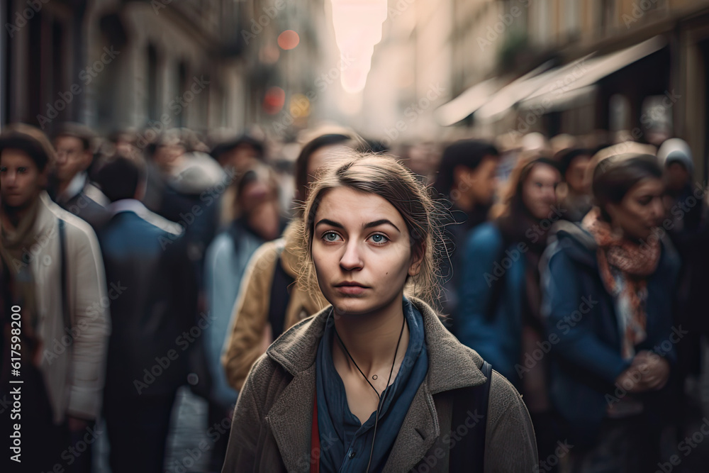 depressed Girl walking down an old city street in a crowd depressed Girl walking down an old city street in a crowd