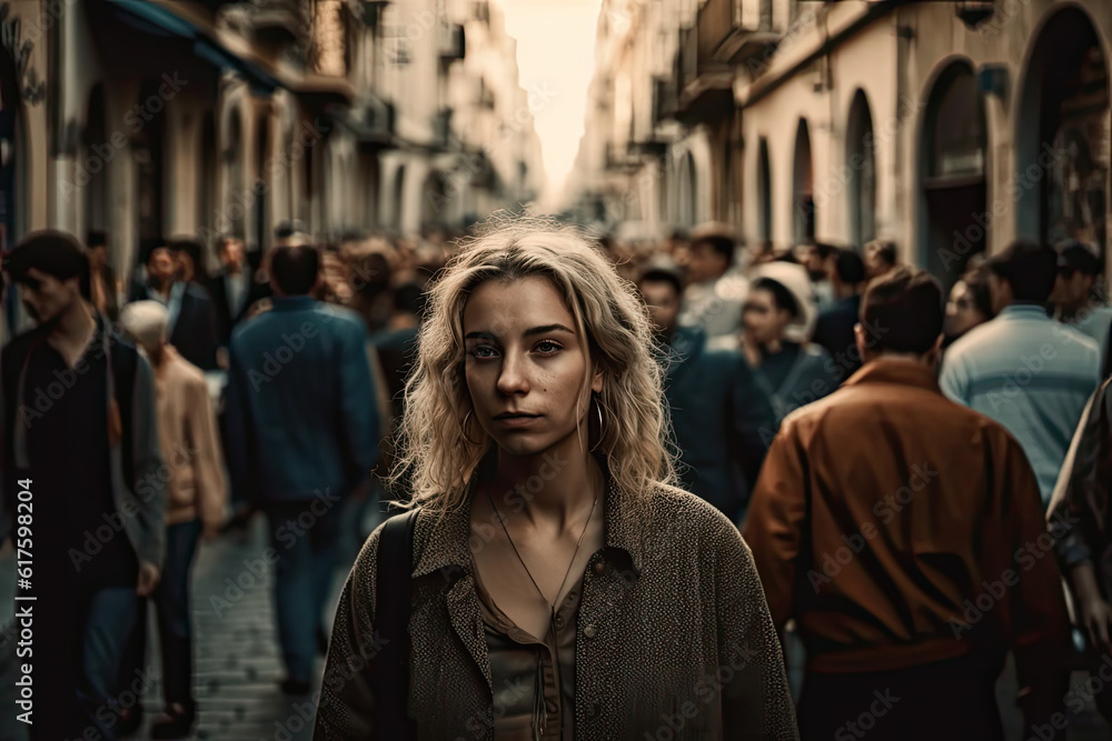 depressed Woman walking down an old city street in a crowd depressed Woman walking down an old city street in a crowd