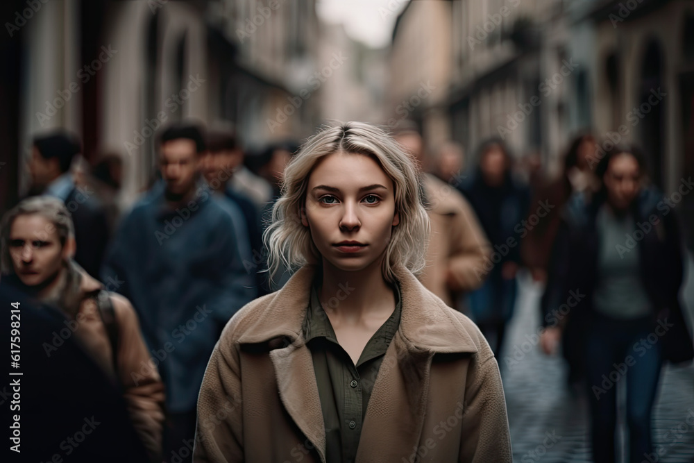 depressed Woman walking down an old city street in a crowd 