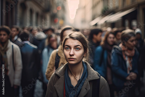depressed Girl walking down an old city street in a crowd 