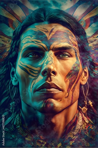 portrait of native american man face in center of image psychedelic background hyper realistic HDR 8k 