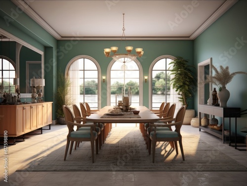 Wide angle view of dining room in Mediterranean style and dining sets, view outside through arched windows. Generative AI