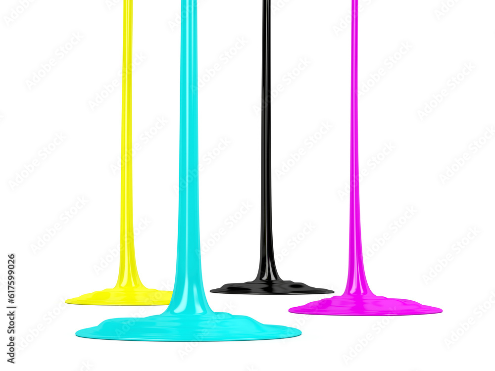 Cyan, magenta, yellow and black inks, dripping on white background