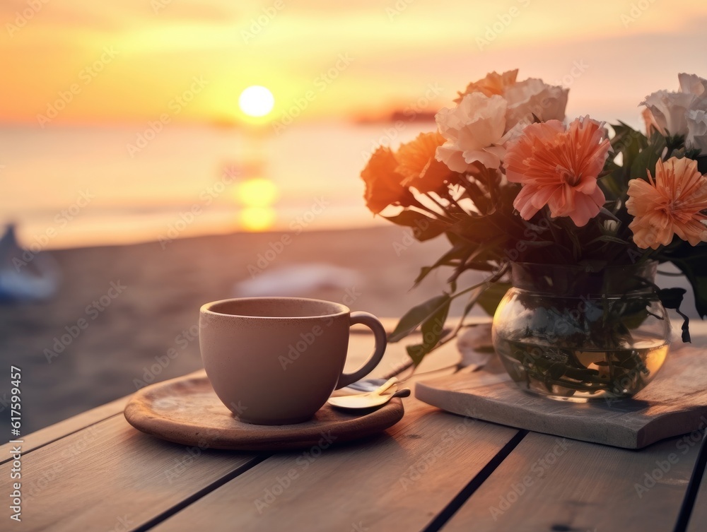 A cup of coffee and vase of flowers on the wooden table in front of the beach in a vanilla-sky evening atmosphere. Generative AI A cup of coffee and vase of flowers on the wooden table in front of the beach in a vanilla-sky evening atmosphere. Generative AI