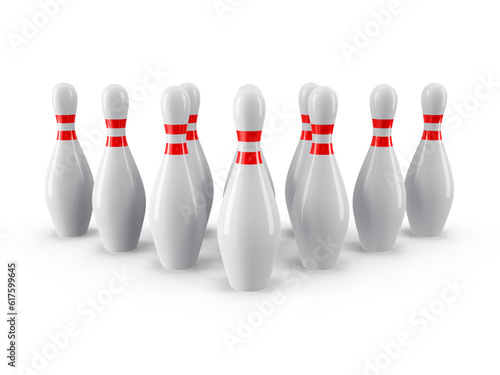 Group of Bowling Pins Isolated on White Background with shadow. 3D rendering. For logo, advertising, wallpaper, print etc. Front view with perspective