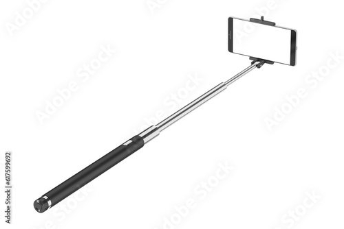 Smart phone with blank display, mounted in selfie stick monopod