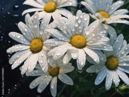 Close-up view of white daisy flowers in fresh spring rain  scattered raindrops  and morning light. Generative AI