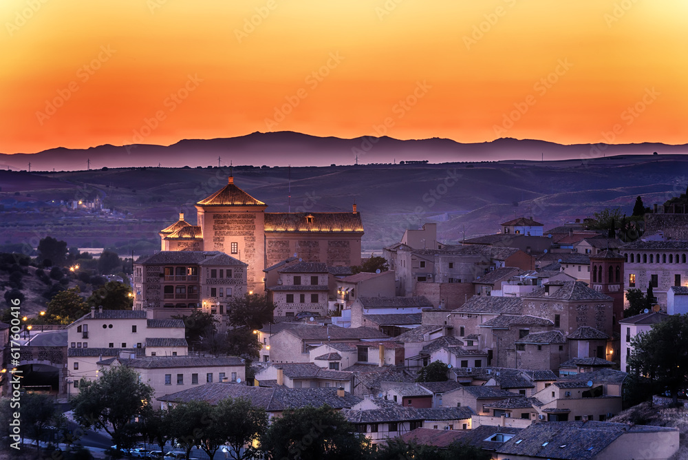Aerial top view of Toledo, historical capital city of Spain in sunset
