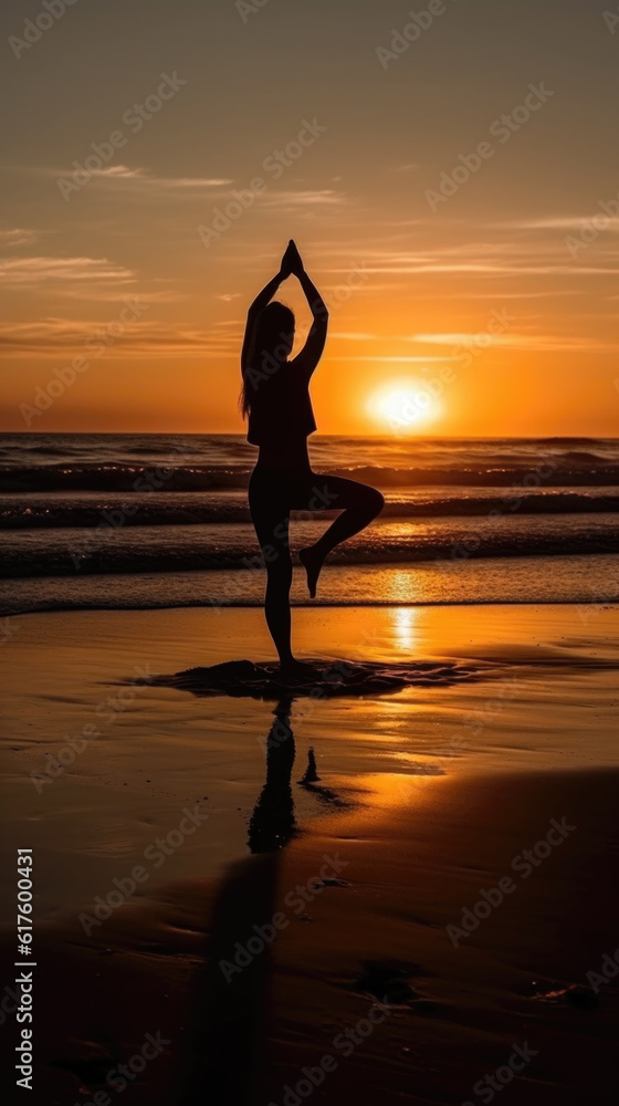 Serenity in Motion: Woman's Yoga Pose at Sunset Beach - Generative AI