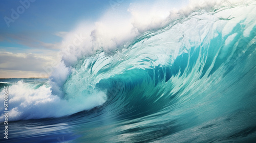 海洋の自然の美しさ、海岸に打ち寄せるターコイズブルーの大きな海の波の形をした水の要素の強さと力GenerativeAI