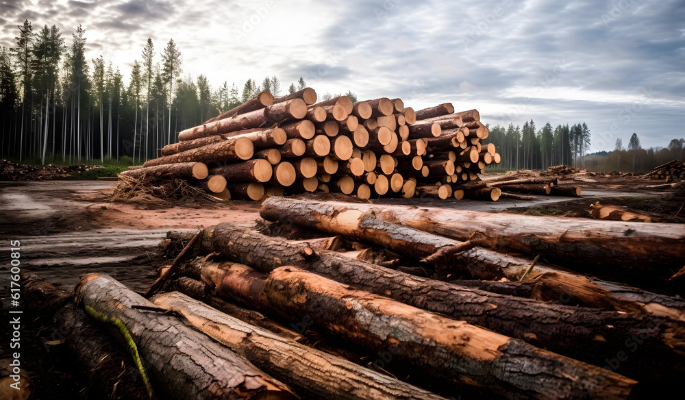 Stacks of freshly cut timber logs at a lumber yard, with a forest in the background