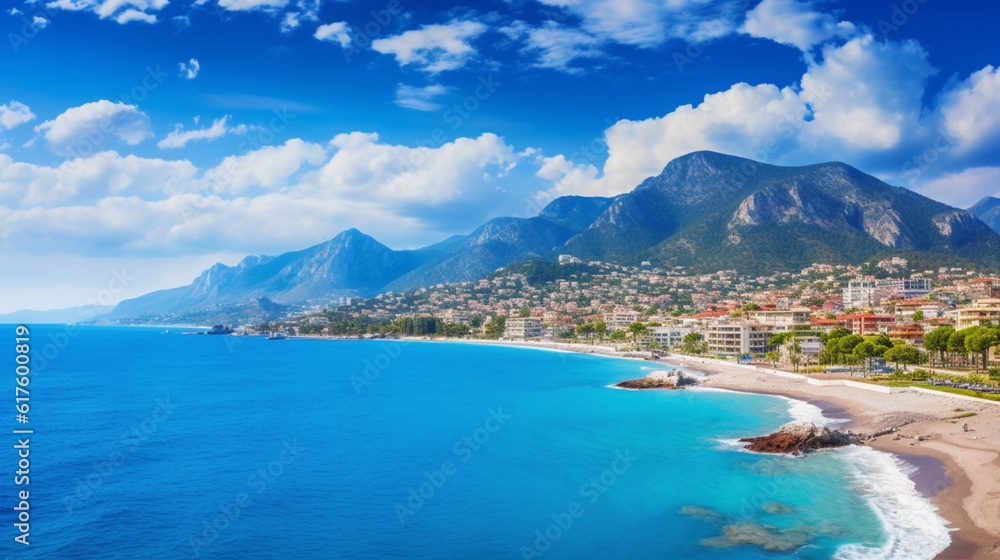 山、海、雲と青い空を背景にした地中海のリゾート地アランヤのパノラマの美しい景色GenerativeAI