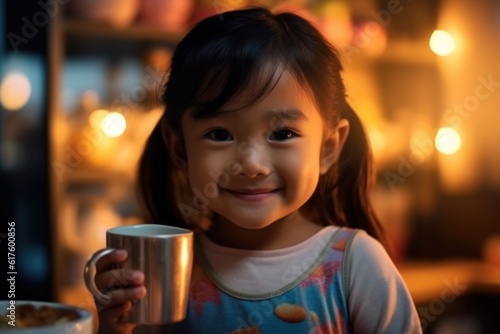 Asian cute little boy holding a cup of milk in home kitchen Preschool girl or daughter at home with smiling, happy faces enjoying milk