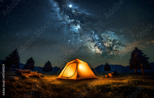 Camping Under the Stars with Illuminated Tent, a remote hill under a stunning Milky Way, embodying the spirit of adventure and the beauty of the night sky