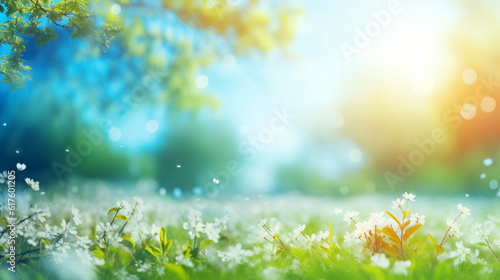 晴れた日に咲く空き地、木々、青い空を持つ、美しいぼやけた春の背景GenerativeAI