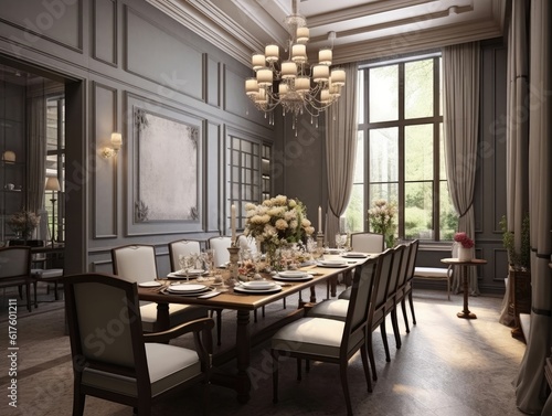 Wide angle view of the dining room in British style with dining sets, sunlight shines through windows. Generative AI © itchaznong