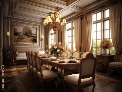 Wide angle view of the dining room in British style with dining sets on the table and warm lighting from candlesticks and chandeliers. Generative AI
