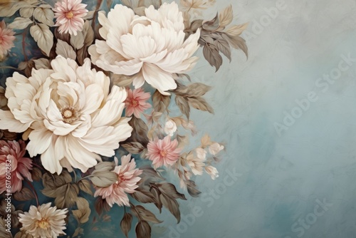 large flowers and leaves on a beige tone background image wallpaper colorful drawings Copy Space Banner Generative AI