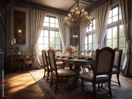 Wide angle view of the dining room in British style with dining sets, sunlight shines through windows. Generative AI © itchaznong