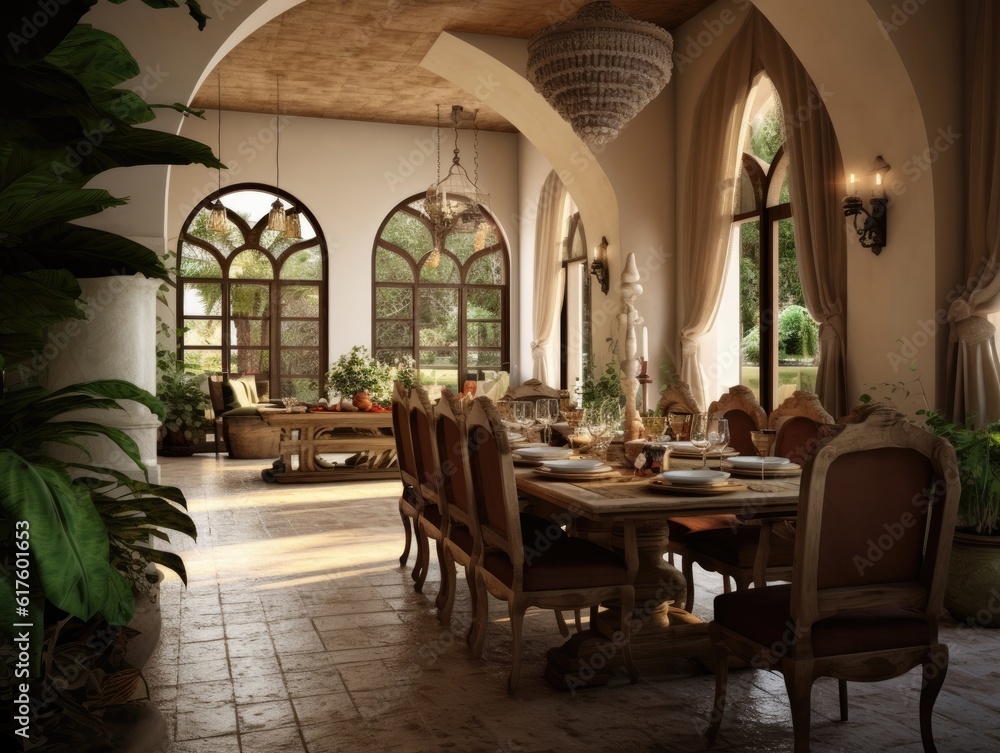 Fototapeta premium Wide angle view of dining room in Mediterranean style and dining sets, view outside through arched windows. Generative AI