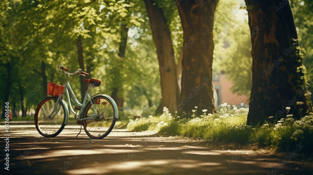 陽が降り注ぐ都市部の自然な春夏公園で、葉が茂った木陰で自転車GenerativeAI
