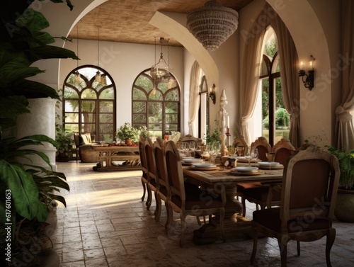 Wide angle view of dining room in Mediterranean style and dining sets  view outside through arched windows. Generative AI