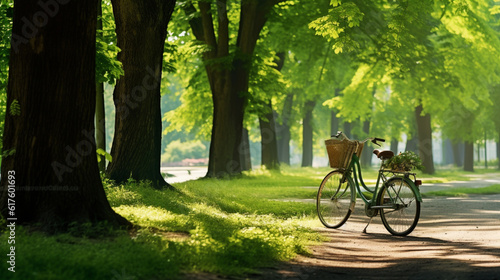 陽が降り注ぐ都市部の自然な春夏公園で、葉が茂った木陰で自転車GenerativeAI © enopi