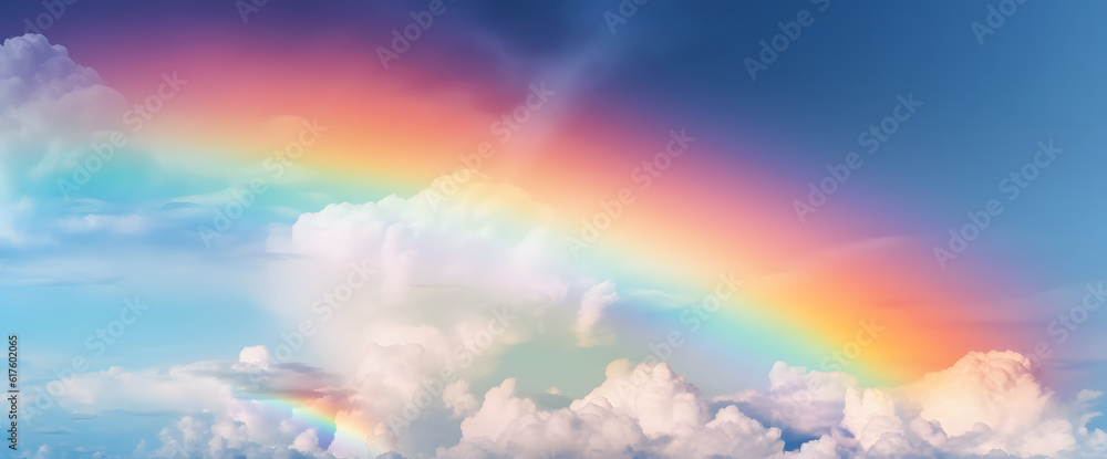 Rainbow over the clouds, clouds, and sky with rainbow as pastel background