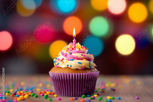 Delicious birthday cupcake on table on light background Generative AI © kavinda