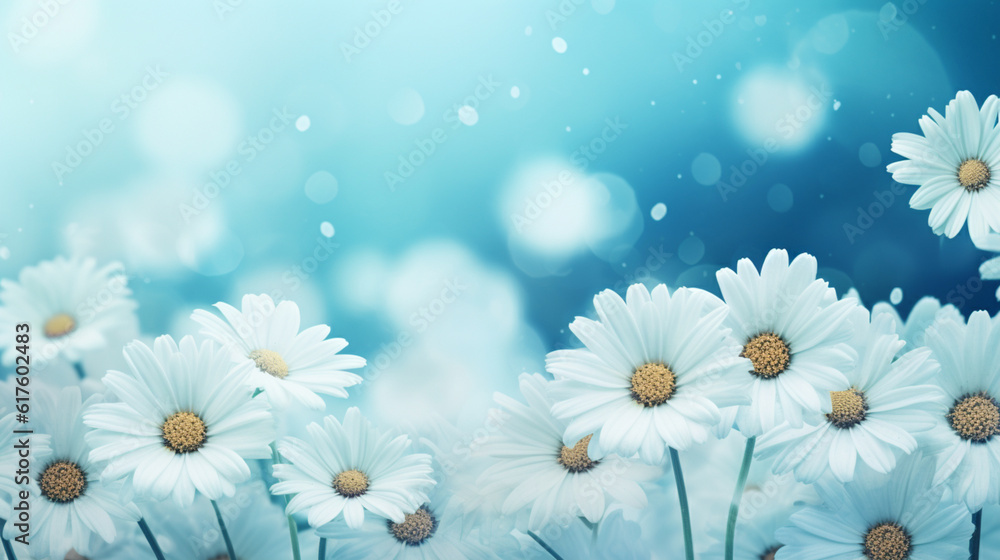 美しい花柄の自然な青ターコイズ色の背景に、柔らかいぼかしフィルターを使用した白いヒナギクのフレームGenerativeAI