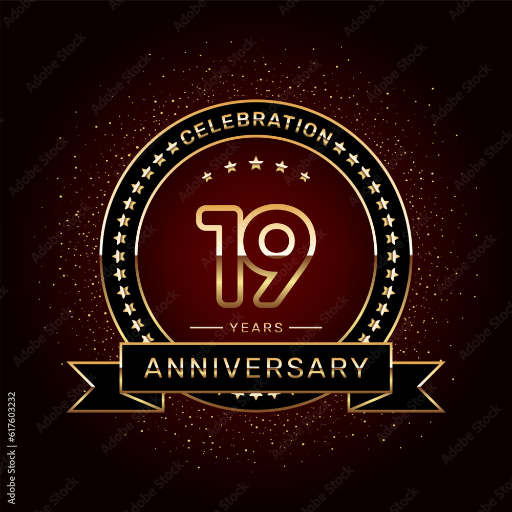19th anniversary celebration logo design with a golden ring and ribbon, vector template