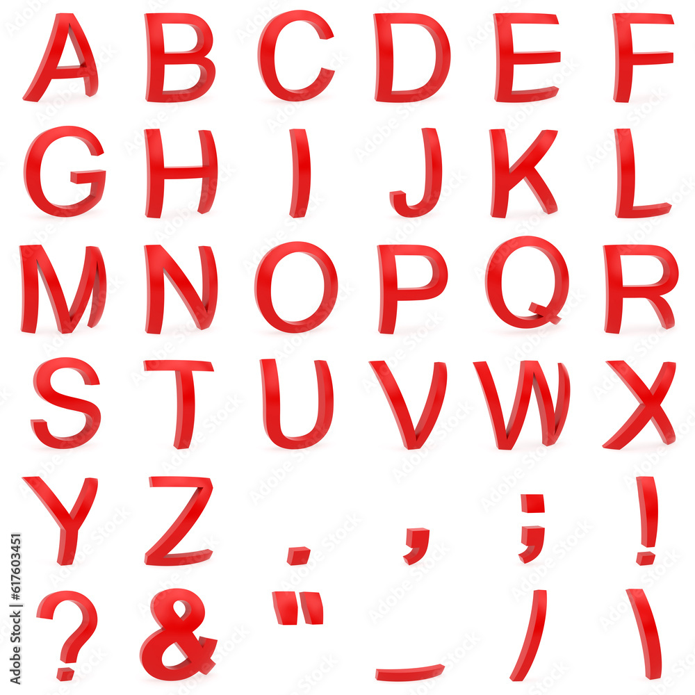 Red font from curved 3D capital letters rendered with soft shadows on white background Red font from curved 3D capital letters rendered with soft shadows on white background