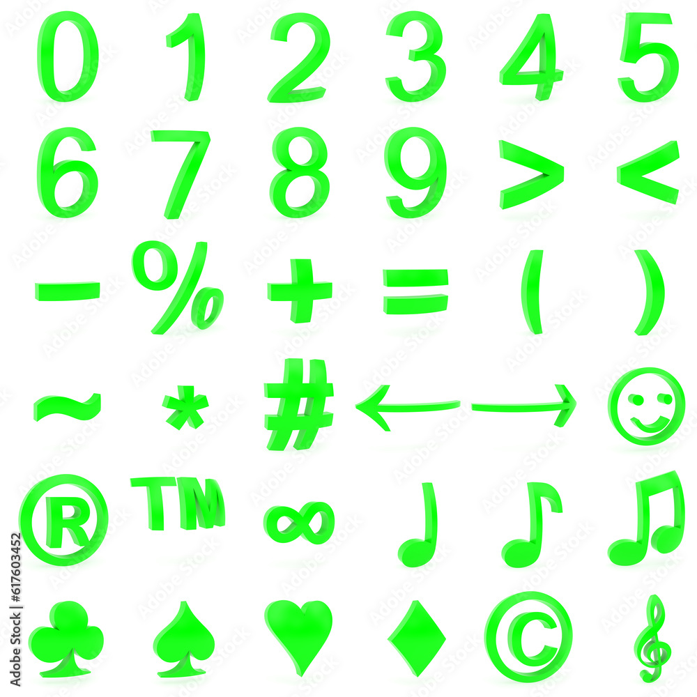 Green curved 3D numbers and symbols rendered with soft shadows on white background Green curved 3D numbers and symbols rendered with soft shadows on white background