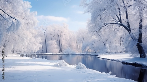 明るい冬の日に、雪に覆われた木々や凍った池がある、雪に覆われた都市公園の美しい自然の風景GenerativeAI © enopi