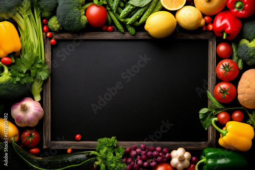 Healthy food. Vegetables and fruits. On a black wooden background. Top view. Copy space. photo