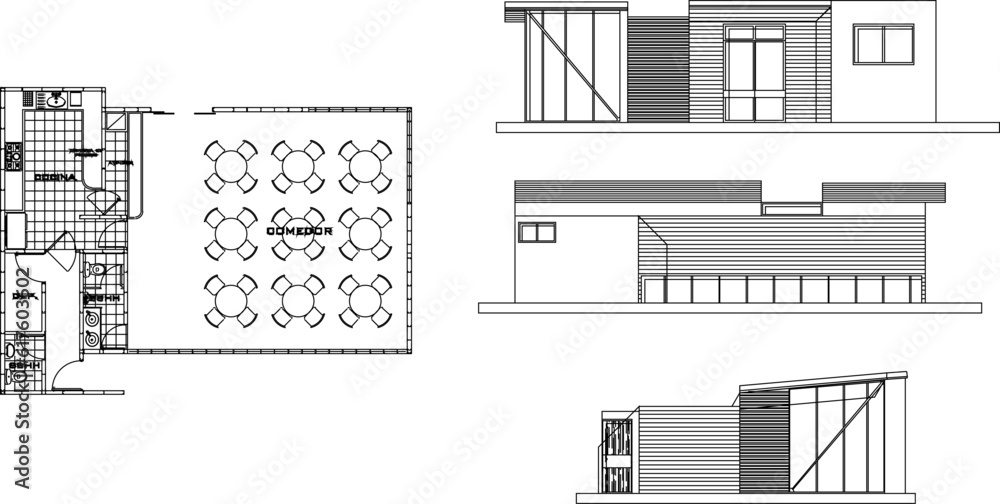 Vector sketch of a simple modern minimalist cafe restaurant architectural design illustration