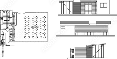 Vector sketch of a simple modern minimalist cafe restaurant architectural design illustration