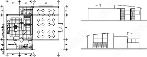 Vector sketch of a simple modern minimalist cafe restaurant architectural design illustration