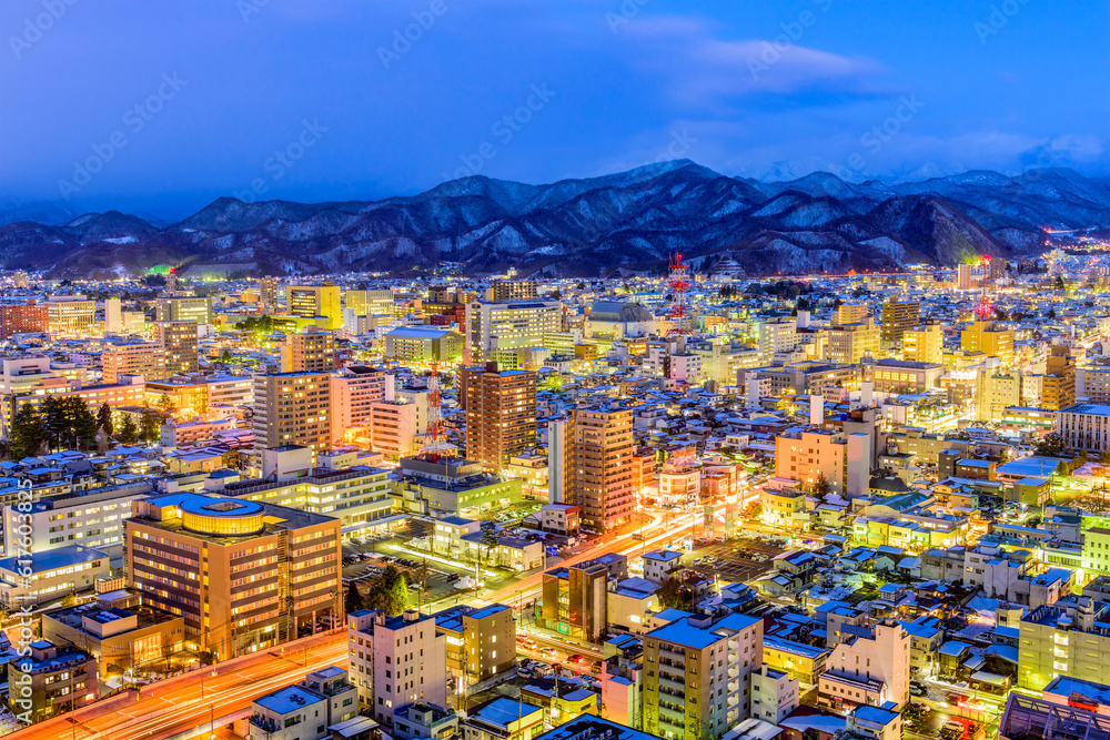 Fototapeta premium Yamagata, Japan city skyline at dusk.