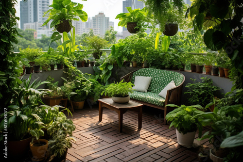 テラスには美しい緑豊かな屋内植物がたくさんあります。テラスの装飾と造園GenerativeAI