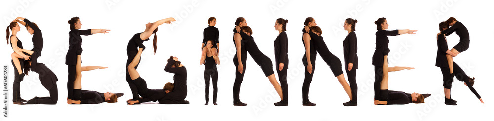 Black dressed people forming word BEGINNER on white background Black dressed people forming word BEGINNER on white background