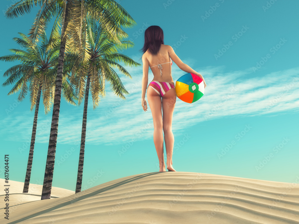 Young women with a beach ball on the sand dunes. This is a 3d render illustration